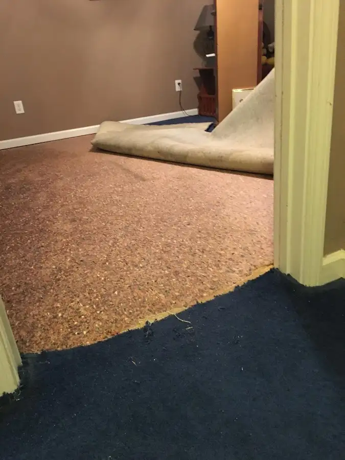 Carpet pad removal revealing water damage during Water Mitigation Services in Scaggsville